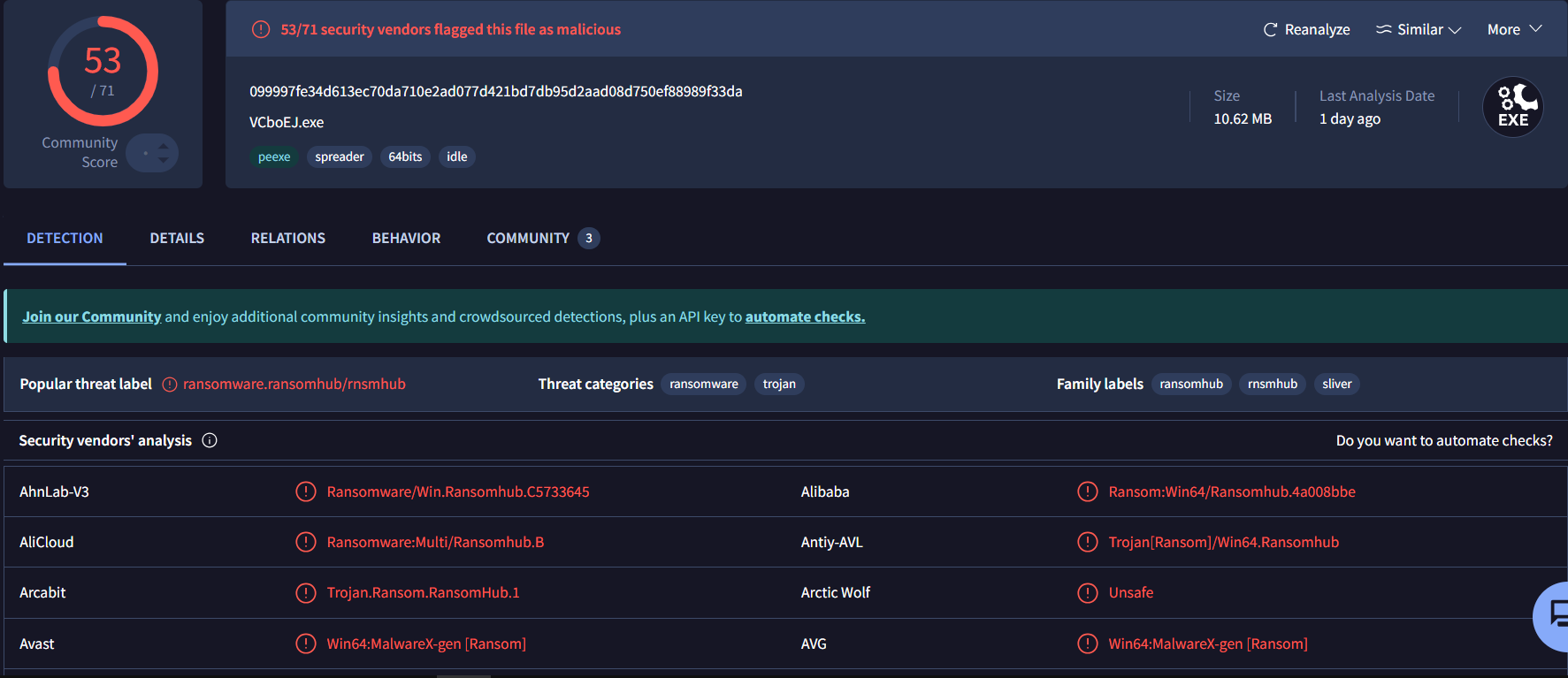 VirusTotal detection page for hash 099997fe...: 53/71 vendors flagged malicious. Filename: VCboEJ.exe, Size: 10.62 MB. Popular threat label: ransomware.ransomhub/rnsmhub. Threat categories: ransomware, trojan. Family labels: ransomhub, rnsmhub, sliver. Behavioral tags: peexe, spreader, 64bits, idle.
